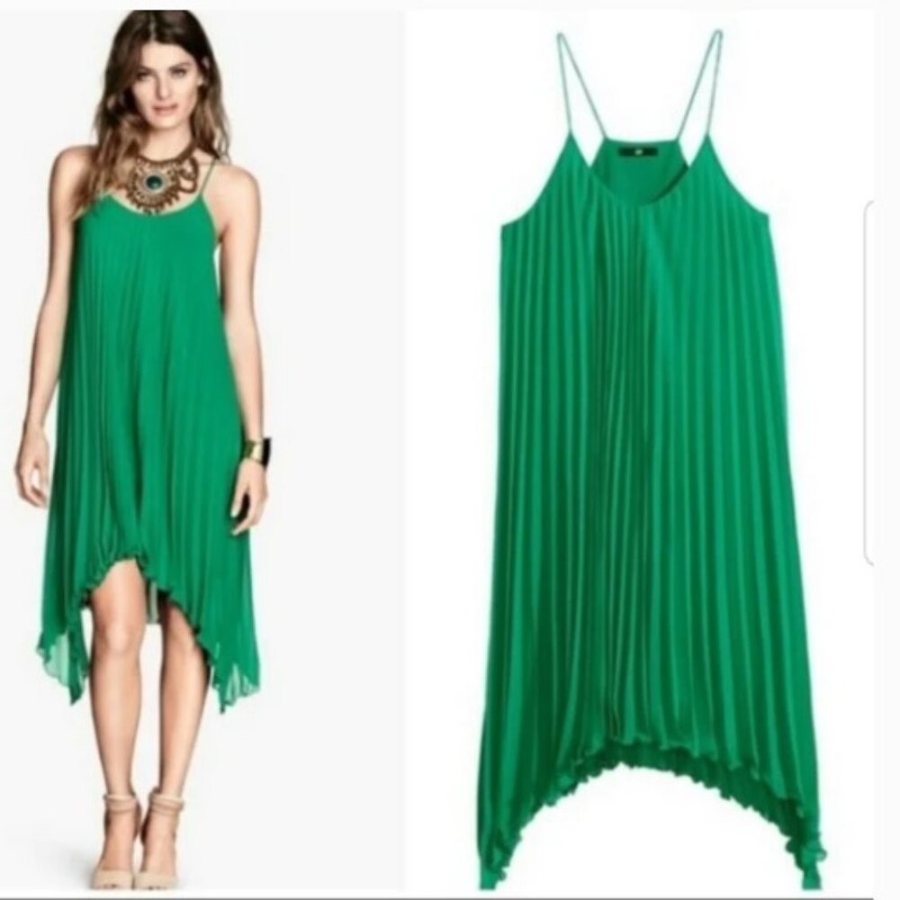 H&M Kelly Green Pleated Asymmetrical Dress with Spaghetti Straps Size: 2
